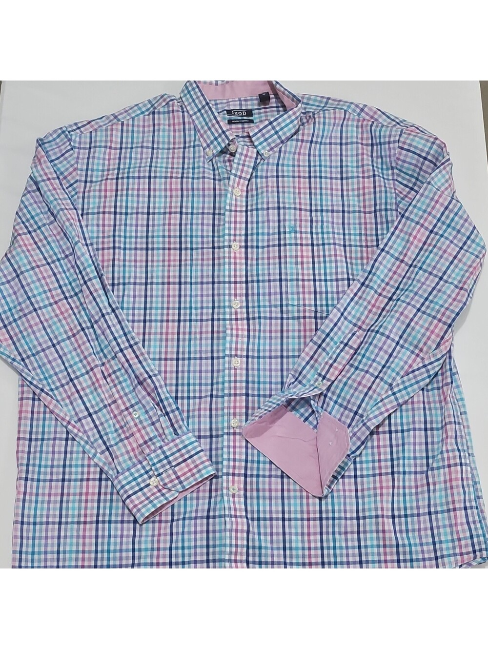 Pastel Plaid Button Down Shirt Mens XL Izod Flip Cuff Lightweight Preppy  0172